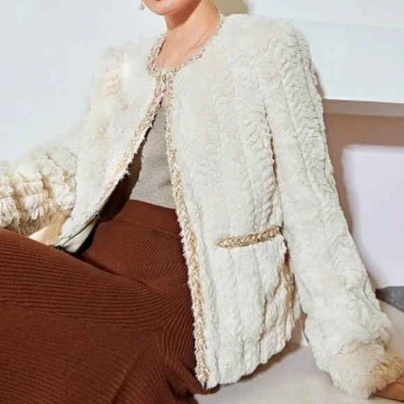 elegant contrast binding hook closure fuzzy coat chic classic - Picture 8 of 10